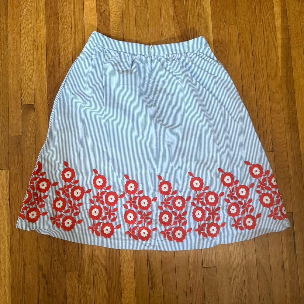Boden Light Blue A-Line Skirt with Red Floral Embroidery